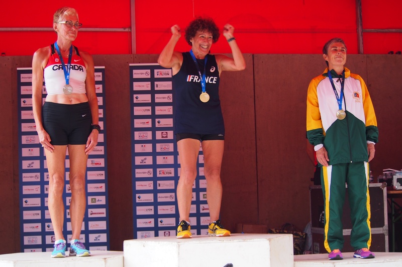 WMAC Lyon 2015, 10 août, 10km W50-64, Podium 10km W60, Johanna Flipsen, Janine Vignat-Piroux, Barbara Nell
