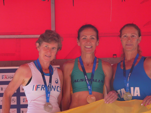 WMAC Lyon 2015, 14 août, podium W55, Francoise Laville, Lynette Ventris, Daniela Ricciutelli