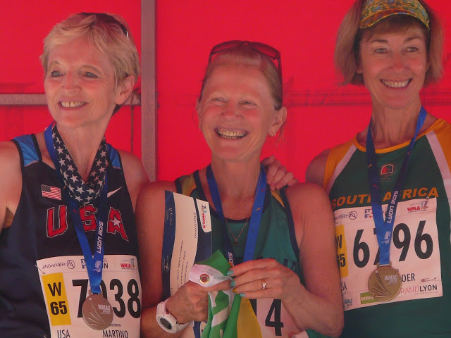 WMAC Lyon 2015, 14 août, podium W65, Marianne Martino, Heather Carr, Winnie Koekemoer