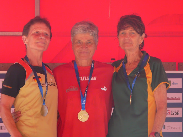 WMAC Lyon 2015, 14 août, podium W70 Ursula Klink, Heidi Maeder, Joan Purcell