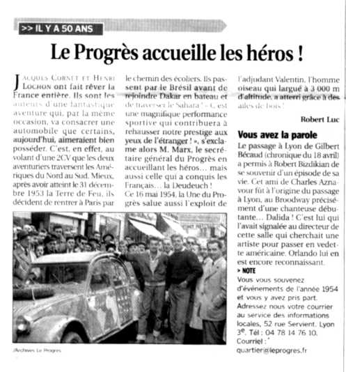 Coupure de Presse du Progres 16 mai 2004, page 9, Jacques Cornet, Henri Lochon et la 2CV l:497, h:534 Coupure de Presse du Progres 16 mai 2004, page 9 l:497, h:534