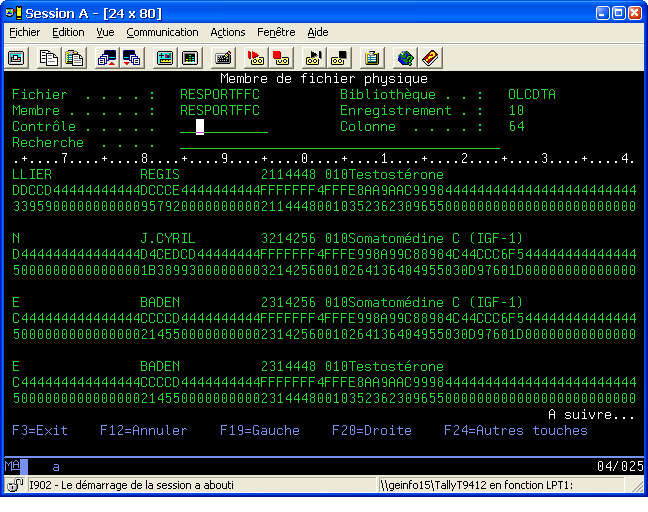 Capture ecran iSeries, dsppfm vue hexadecimale l:648, h:512